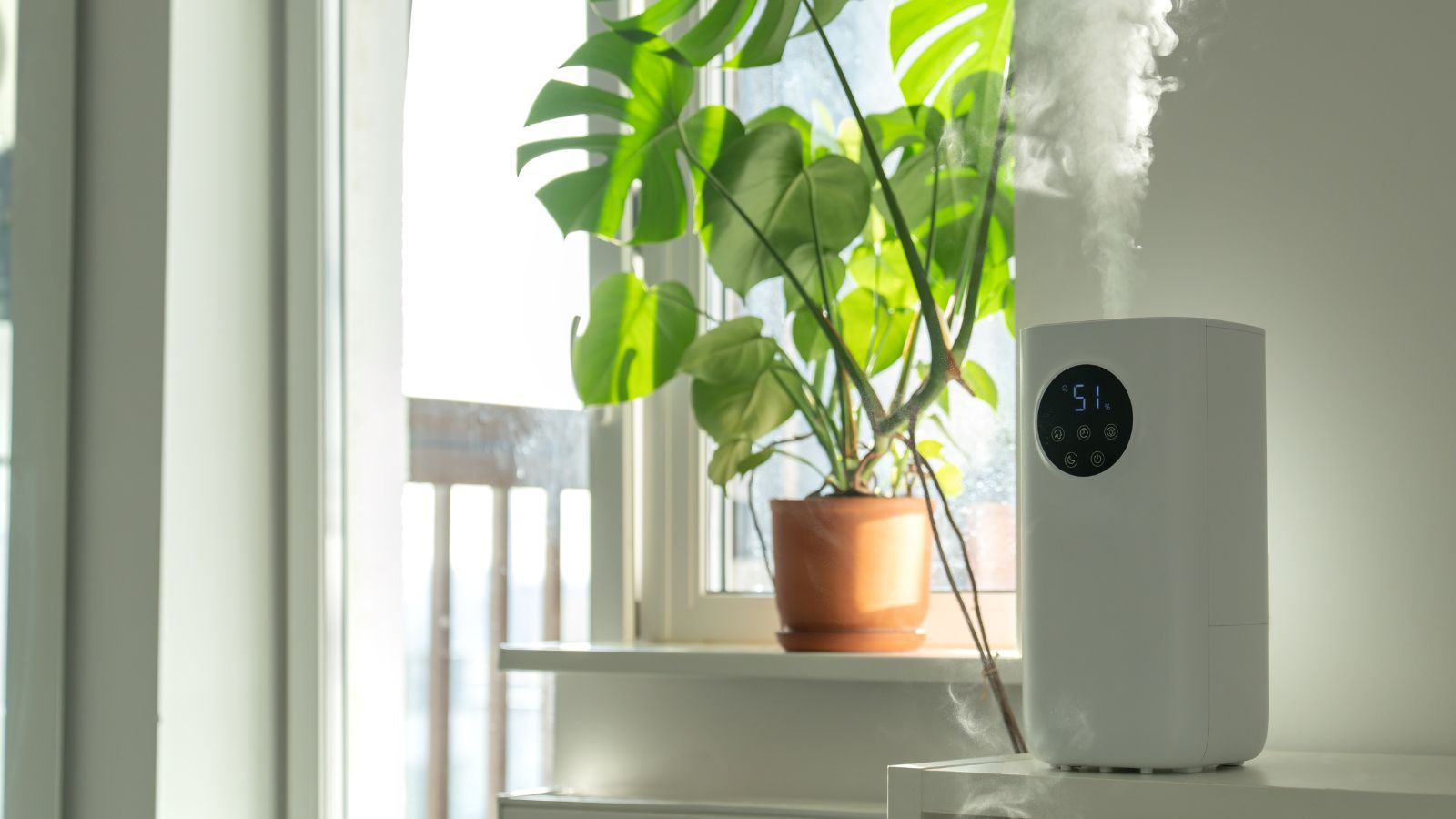 A shot of a houseplant placed in a brown pot near a window basking in sunlight and a humidifier set to a standard temperature and humidity in an area indoors